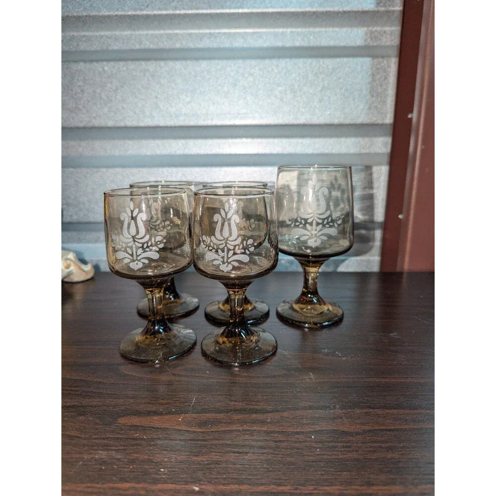 Vintage Pfaltzgraff Village‎ Set of 5 Brown Water Stem Glasses Goblets Drinking